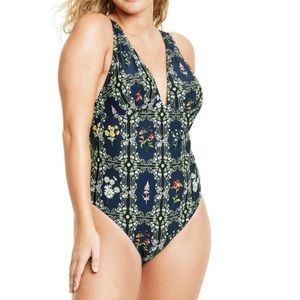 Agua Bendita Navy Dainty Floral Tile Print Cheeky One Piece Swimsuit Size Large